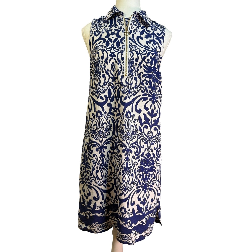 Casa Cabana Shift Dress Womens XS Blue White Damask Linen Blend Quarter Zip